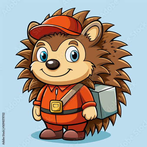 hedgehog courier runs quickly while holding a mailbag