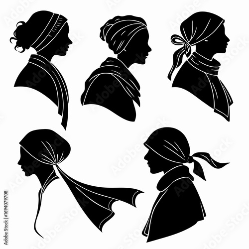 Five female headscarf and shawl silhouettes fabric