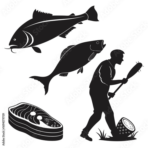 Fish steak man with club and prey vector