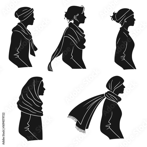Five female profiles wearing scarves and shawls silhouette