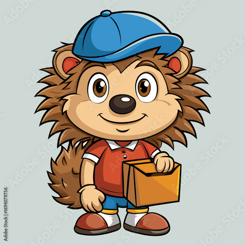 Hedgehog courier carries a package with cheerful smile