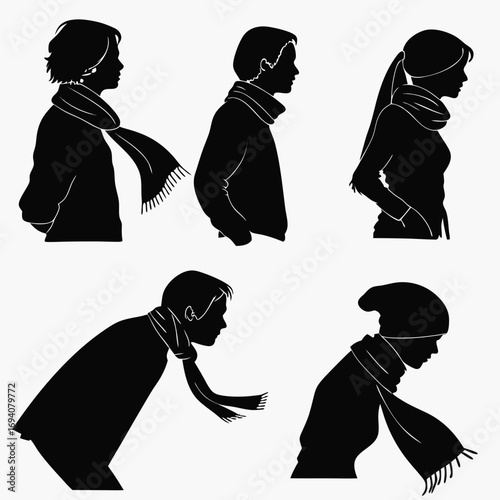 Five people wearing scarves and shawls silhouette fashion