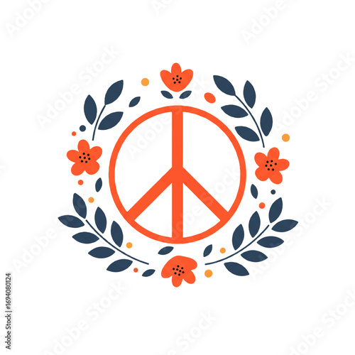 Peace symbol surrounded by a wreath of leaves and flowers in orange and dark blue on a white background.