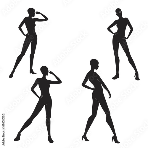 Four black female fashion mannequin silhouettes vector
