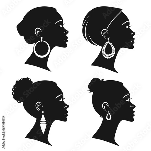Four black female silhouettes earring styles profile