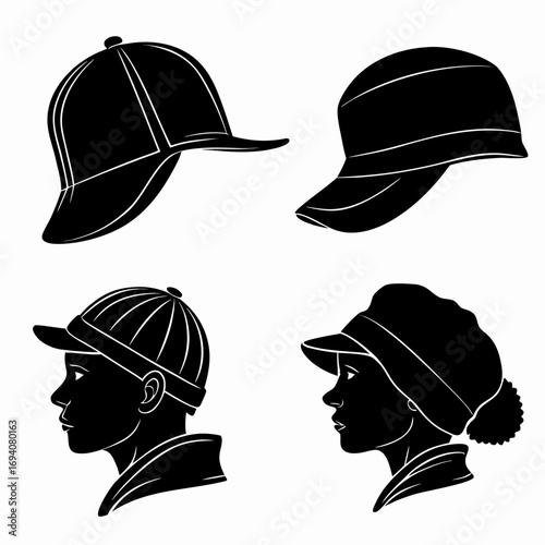 Four black hat silhouettes profile white hats