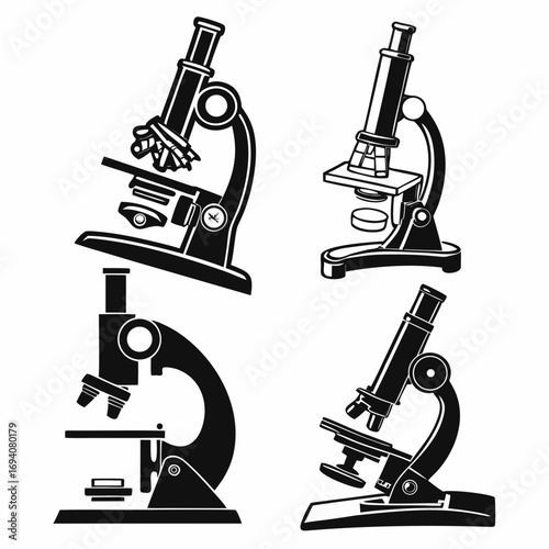 Four black microscopes on white laboratory science