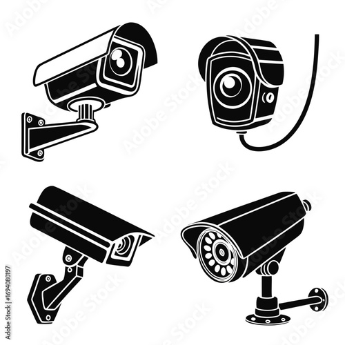Four black security cameras surveillance black and white