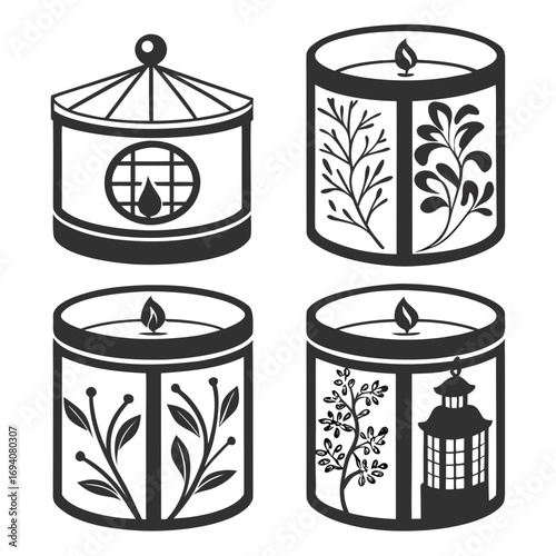 Four decorative candle jars with floral and lantern motifs