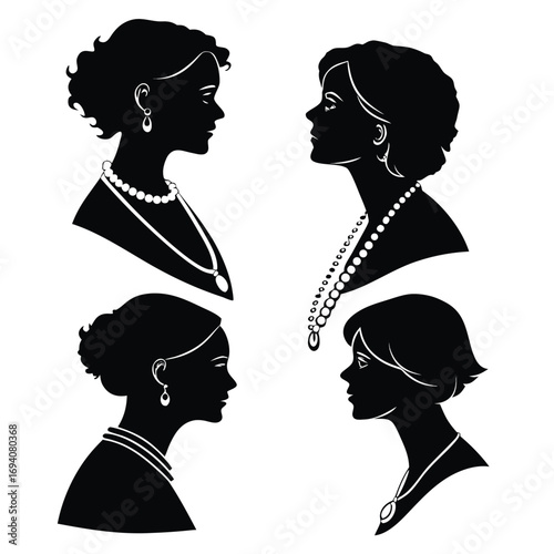 Four elegant female profiles adorned with jewelry silhouette