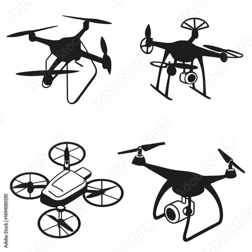 Four drone and quadcopter silhouettes aerial vehicle