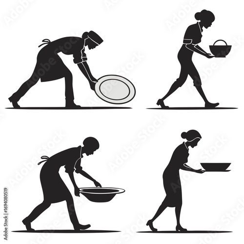Four figures serving food silhouette plates