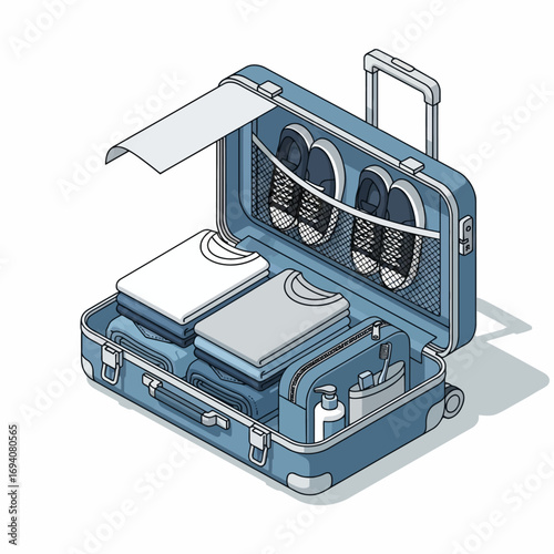 A neatly organized open suitcase packed with clothes, shoes, and toiletries, ready for a vacation or business trip