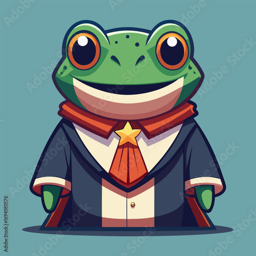 frog judge smiles proudly while holding a gavel in cartoon style