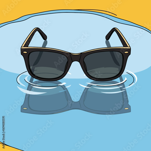 Summer relaxation concept with iconic black sunglasses drifting on clear blue water under the bright sun, a perfect vacation vibe