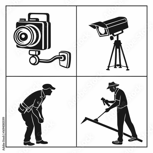 Four panels depicting security cameras and workers