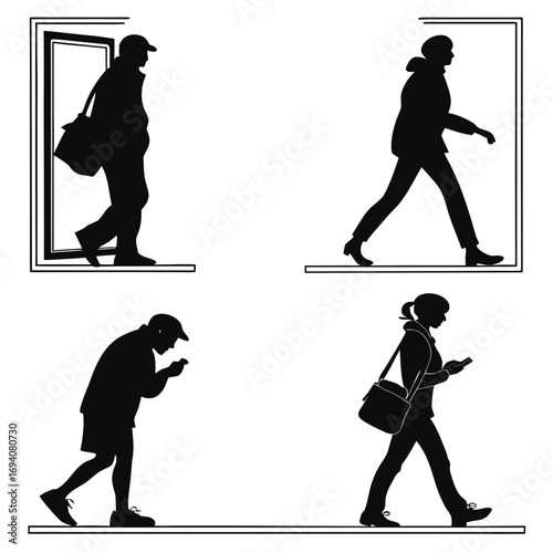Four silhouettes people walking using phones mobile