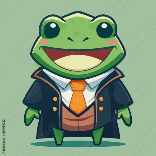 Cartoon frog judge looks friendly and kind while sitting on a bench