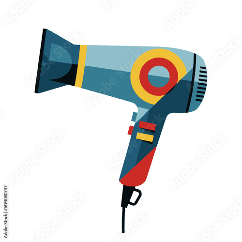 Isolated colorful hair dryer illustration with a modern, retro-inspired design. A graphic concept for personal grooming, beauty routines, and salon equipment