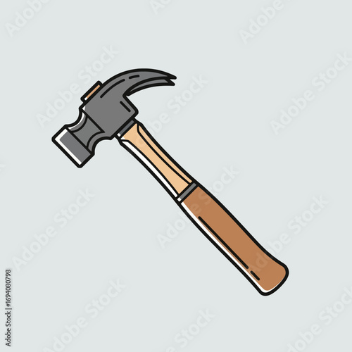 Vector illustration of a classic claw hammer with a wooden handle, an essential tool for carpentry, construction, and DIY home improvement projects
