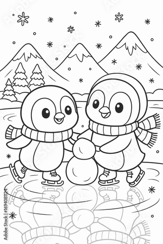 Two cute penguins skating together on ice with a snowman and snowy mountains