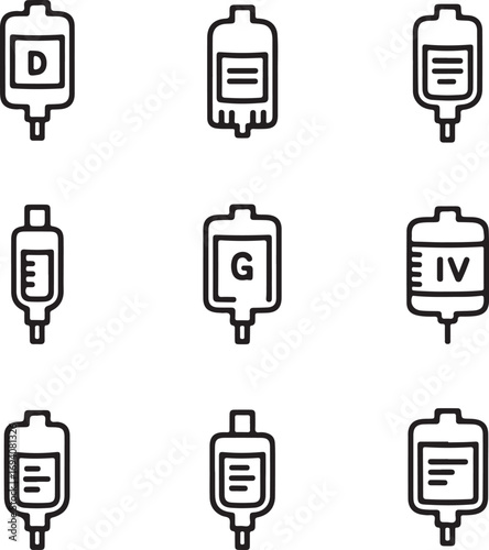 Set of nine simple line icons representing medical IV bags with different labels IV bag healthcare