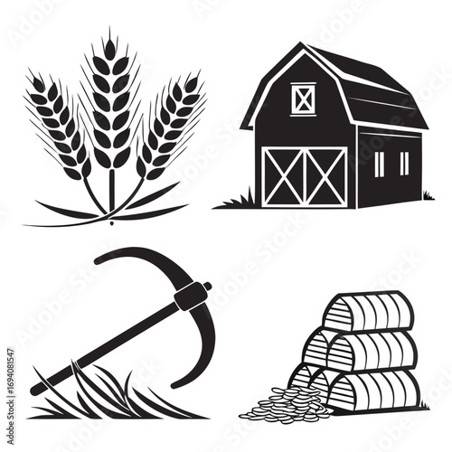 Harvest symbols wheat barn sickle hay bales stalks