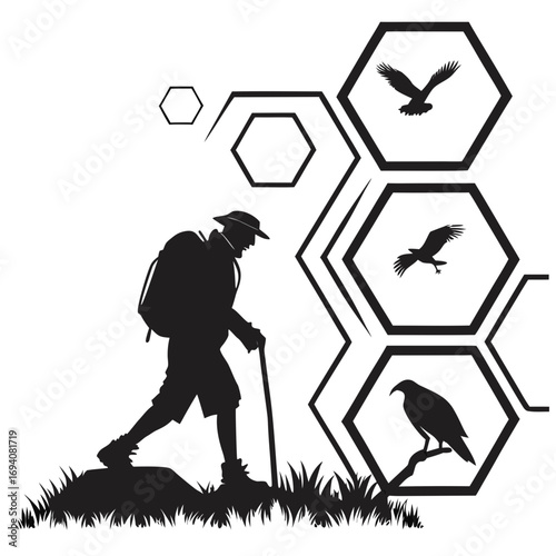Hiker with eagles in hexagonal frames backpack trekking pole