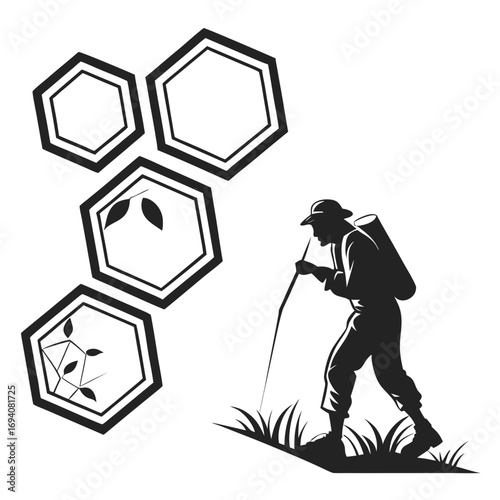 Hiker with geometric frames and foliage backpack walking stick