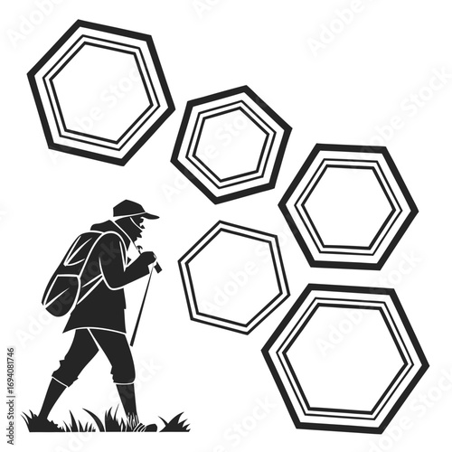 Hiker with hexagonal frames backpack trekking poles