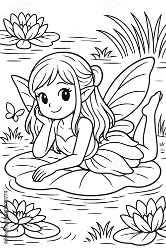 Whimsical fairy rests on lily pad amidst tranquil pond illustration style