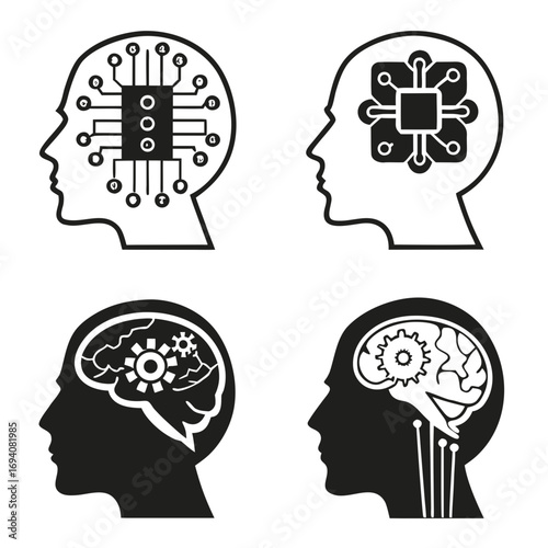 Human head profiles with technological brain elements
