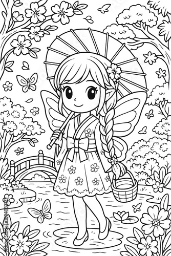 Whimsical fairy with parasol in Japanese garden coloring page illustration