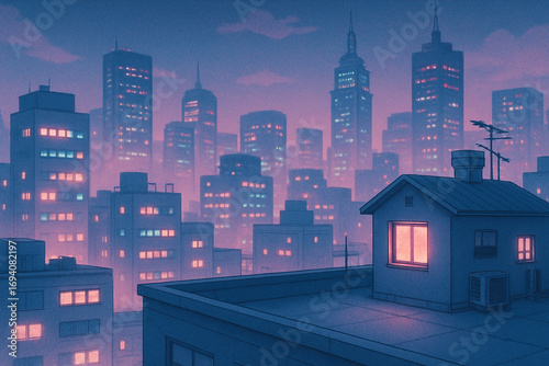 Cityscape panorama view of many buildings at the Night with Rooftop of one Building at the Front, Lo-fi dreamy blue and pink palette
