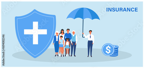 Family with medical shield insurance. Insurance agent hold red umbrella protect. Medical and healthcare insurance planning for family protection concept.