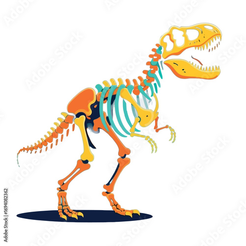 Vsai tyrannosaurus rex skeleton standing, colorful illustration of prehistoric predator