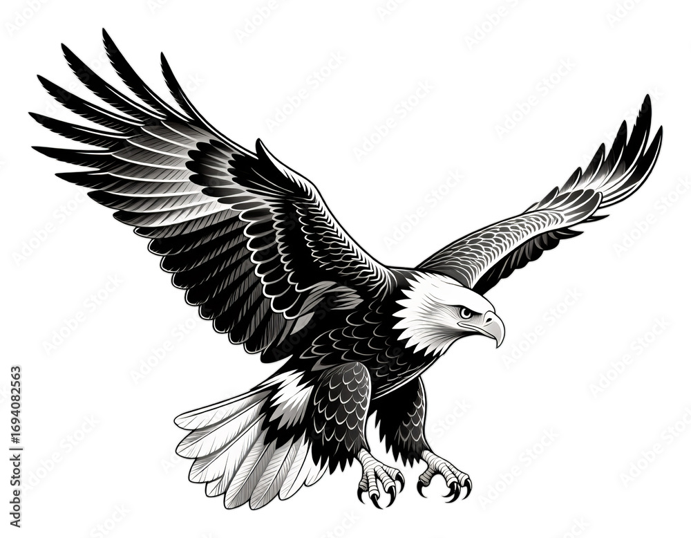 Obraz premium White Eagle in Flight, Black and White Illustration with Transparent Background