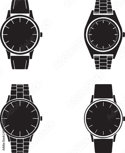 Set of Black and White Wristwatch Icons – Round and Square Watch Designs for Fashion, UI, and Product Illustration 