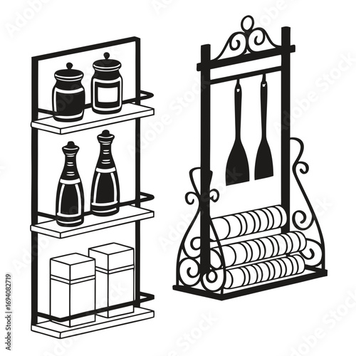 Kitchen shelf and rack with utensils jars bottles
