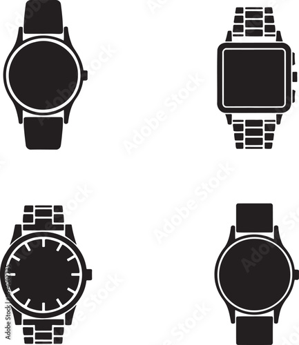 Set of Black and White Wristwatch Icons – Round and Square Watch Designs for Fashion, UI, and Product Illustration 