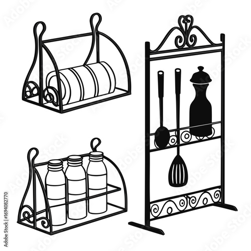 Kitchen utensil and dishware racks shelf
