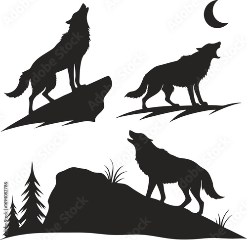 Silhouettes of howling wolves on rocks and grass with a moon wolf
