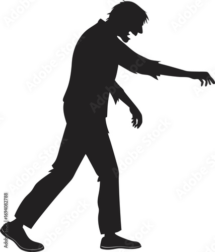 Silhouette of a zombie walking with outstretched arm on a white background Keywords: silhouette, zombie, undead, monster, horror, scary, walking, shambling, outstretched arm
