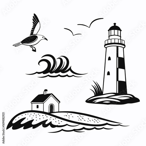 Lighthouse island seagull waves flying bird