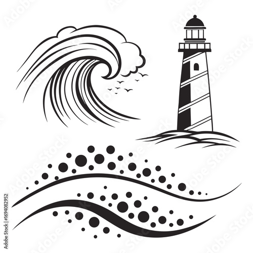 Lighthouse ocean wave birds abstract pattern vector