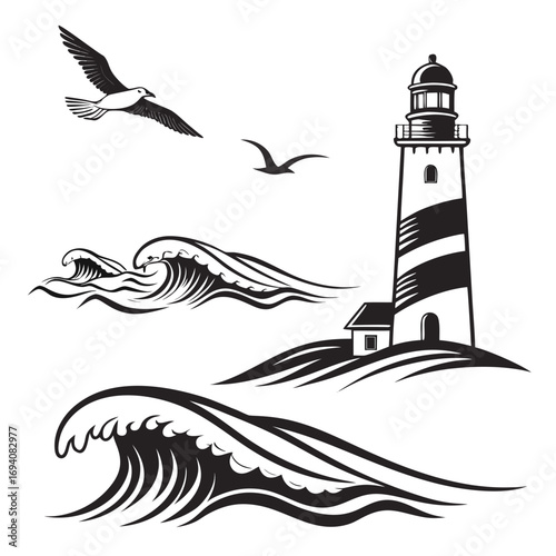 Lighthouse waves and flying birds ocean