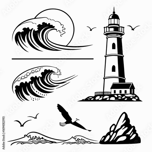 Lighthouse waves birds rocks ocean