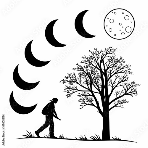 Lunar cycle phases beside bare tree and walking figure