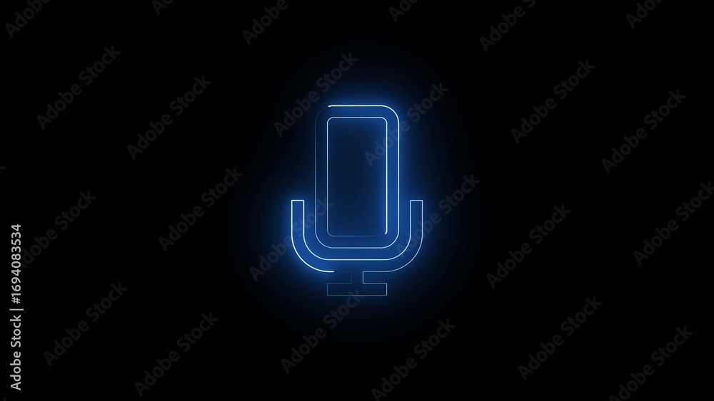 Blue Neon Microphone Icon Glowing on Black Background Keywords: microphone, audio, sound, recording, voice, speech, communication, technology, digital, icon, symbol, graphic Blue Neon Microphone Icon Glowing on Black Background Keywords: microphone, audio, sound, recording, voice, speech, communication, technology, digital, icon, symbol, graphic