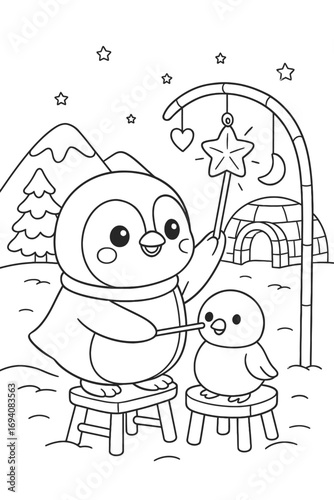 Adorable penguin and chick with magic wand coloring page illustration